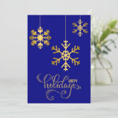Elegante Navy Blue en Gold Snowflakes Holiday Kaar Feestdagenkaart (Staand voorkant)