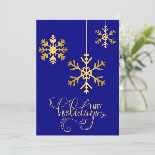 Elegante Navy Blue en Gold Snowflakes Holiday Kaar Feestdagenkaart (Staand voorkant)