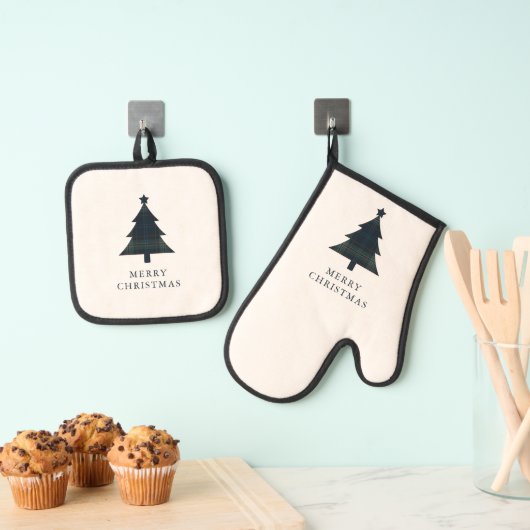 Elegante Navy Blue en Green Plaid kerstboom Ovenwant & Pannenlap Set (Insitu(Ophanging))