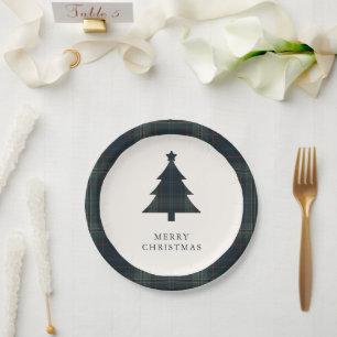 Elegante Navy Blue en Green Plaid kerstboom Papieren Bordje