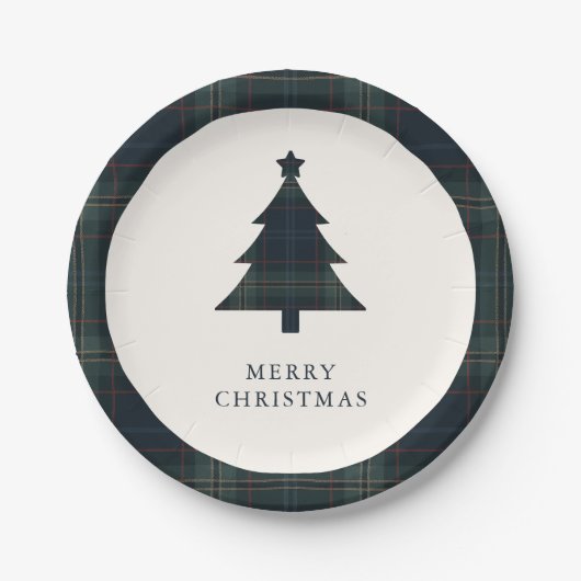 Elegante Navy Blue en Green Plaid kerstboom Papieren Bordje (Voorkant)