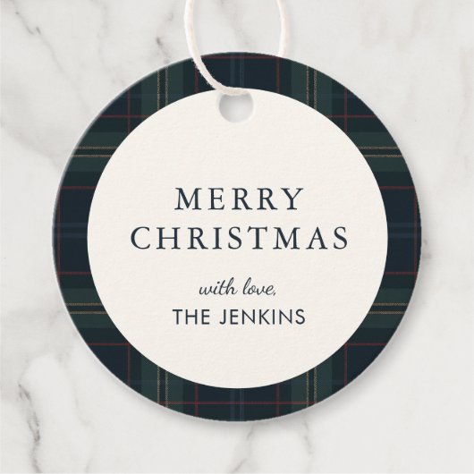 Elegante Navy Blue en Green Plaid Kerstmis Bedankjes Labels (Voorkant)