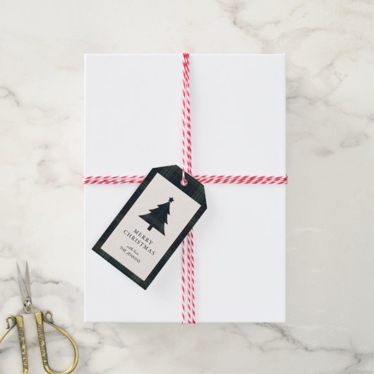 Elegante Navy Blue en Green Plaid Kerstmis Cadeaulabel (Met Touw)