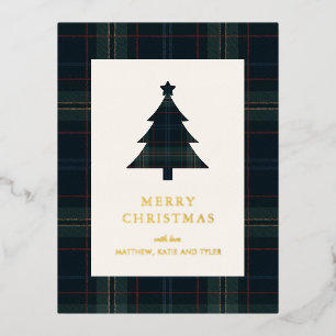 Elegante Navy Blue en Green Plaid Kerstmis Folie Feestdagen Briefkaart