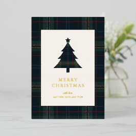 Elegante Navy Blue en Green Plaid Kerstmis Folie Feestdagenkaart