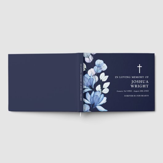 Elegante Navy Blue Floral Christelijke begrafenis Gastenboek (Volledig)