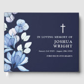 Elegante Navy Blue Floral Christelijke begrafenis Gastenboek (Voorkant)