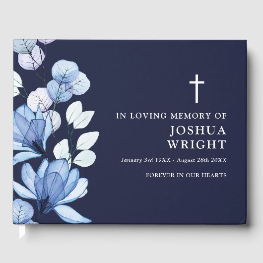 Elegante Navy Blue Floral Christelijke begrafenis Gastenboek (Voorkant)