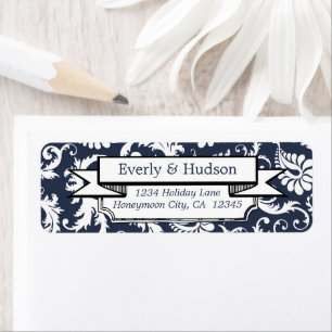 Elegante Navy Blue Floral Damask Retouradres Etiket