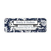 Elegante Navy Blue Floral Damask Retouradres Etiket (Voorkant)