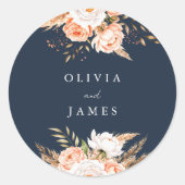 Elegante Navy Blue Floral Fall Wedding Welkom Ronde Sticker (Voorkant)