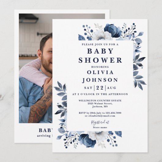 Elegante Navy Blue Floral Foto Baby shower Kaart (Voorkant / Achterkant)