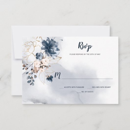 Elegante Navy Blue Floral Gold Sketched Rozen | RSVP Kaartje (Voorkant)