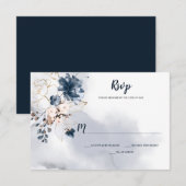 Elegante Navy Blue Floral Gold Sketched Rozen | RSVP Kaartje (Voorkant / Achterkant)
