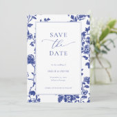 Elegante Navy Blue Floral Toile Save the Date Kaart (Staand voorkant)