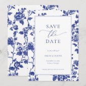 Elegante Navy Blue Floral Toile Save the Date Kaart (Voorkant / Achterkant)