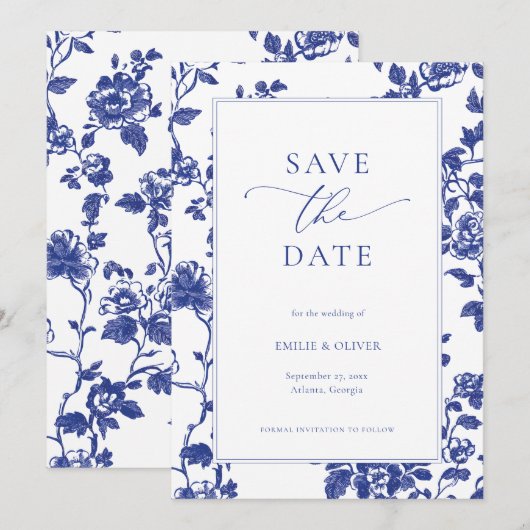 Elegante Navy Blue Floral Toile Save the Date Kaart (Voorkant / Achterkant)