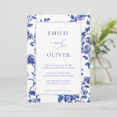 Elegante Navy Blue Floral Toile Wedding Kaart (Staand voorkant)