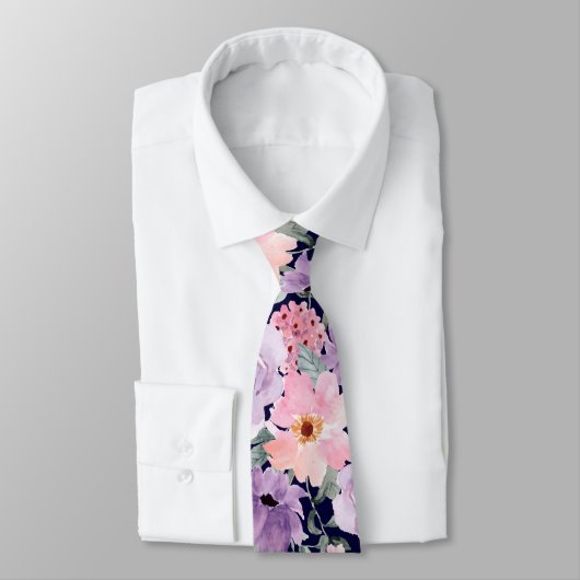 Elegante Navy Blue Floral Waterverf bruiloft Stropdas (Gebonden)