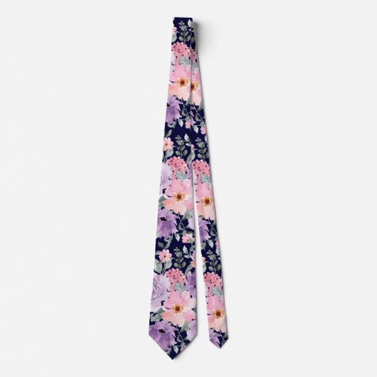 Elegante Navy Blue Floral Waterverf bruiloft Stropdas (Voorkant)