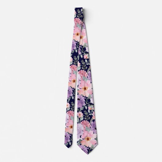 Elegante Navy Blue Floral Waterverf bruiloft Stropdas (Achterkant)