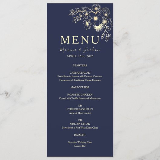 Elegante Navy Blue Floral Wedding Menu Kaart (Voorkant)