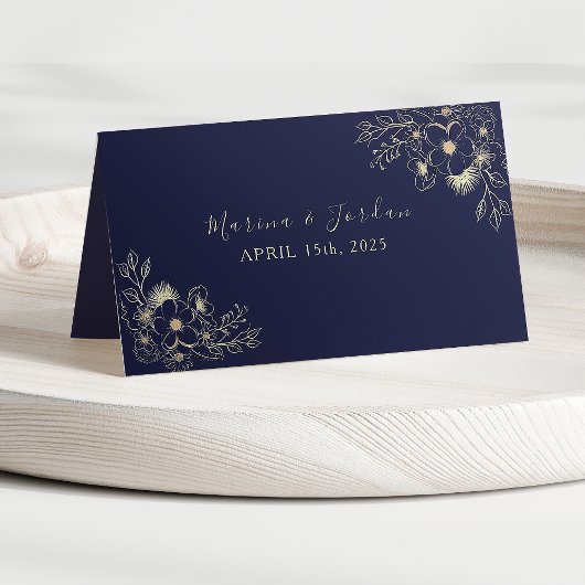 Elegante Navy Blue Floral Wedding Place Card Plaatskaartje