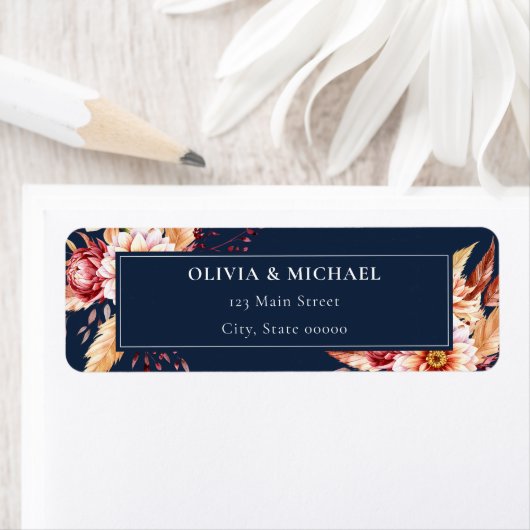 Elegante Navy Blue Floral Wedding Return Adres Etiket (Insitu)