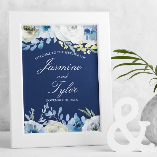 Elegante Navy Blue Floral Welkom op onze bruiloft Poster