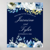 Elegante Navy Blue Floral Welkom op onze bruiloft Poster (Voorkant)