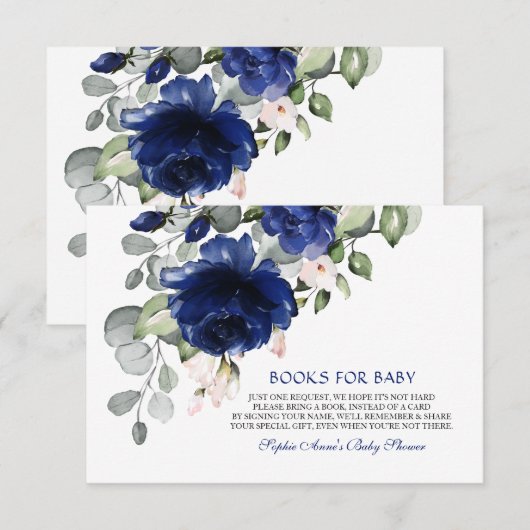 Elegante Navy Blue Flowers Boy Boeken voor Baby Informatiekaartje (Voorkant / Achterkant)