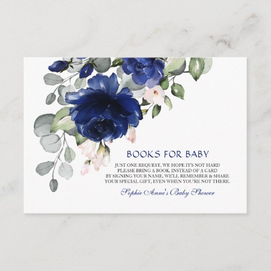 Elegante Navy Blue Flowers Boy Boeken voor Baby Informatiekaartje (Voorkant)