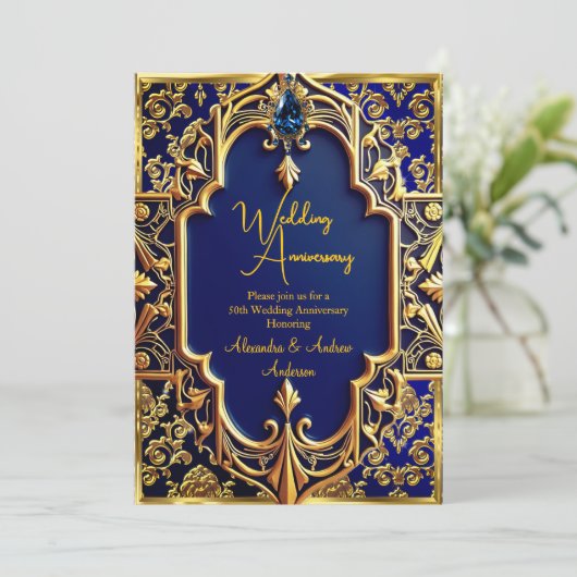 Elegante Navy Blue Gem Gold 50e Jubileum Kaart (Staand voorkant)