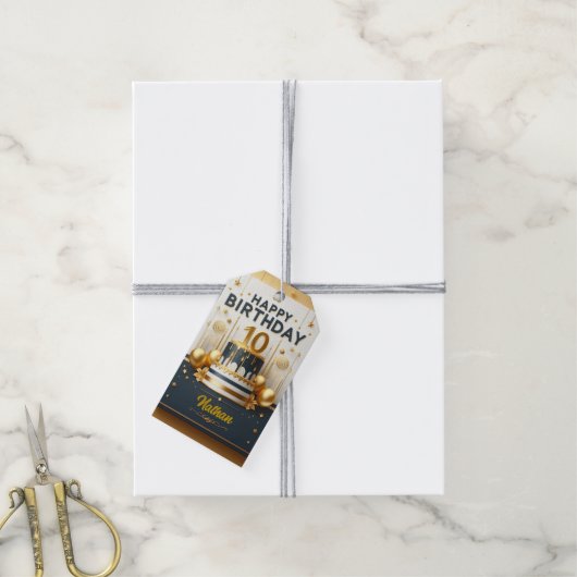 Elegante Navy Blue & Gold 10e verjaardag Cadeaulabel (Met Touw)