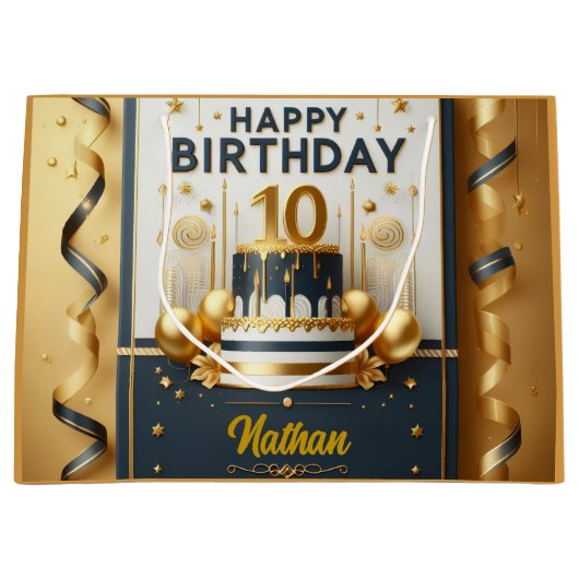 Elegante Navy Blue & Gold 10e verjaardag Groot Cadeauzakje (Voorkant)