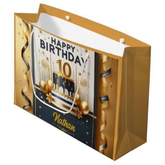 Elegante Navy Blue & Gold 10e verjaardag Groot Cadeauzakje (Voorkant Gekanteld)