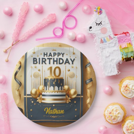 Elegante Navy Blue & Gold 10e verjaardag Papieren Bordje (Feest)