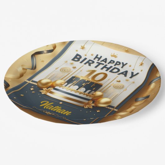 Elegante Navy Blue & Gold 10e verjaardag Papieren Bordje (Gekanteld)
