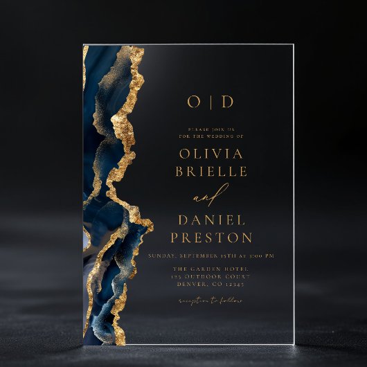 Elegante Navy Blue Gold Agaat bruiloft monogram Acryl Uitnodigingen