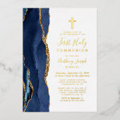 Elegante Navy Blue Gold Agaat Eerste Communie Folie Uitnodiging (Voorkant)