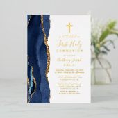 Elegante Navy Blue Gold Agaat Eerste Communie Folie Uitnodiging (Staand Voorkant)