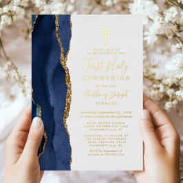 Elegante Navy Blue Gold Agaat Eerste Communie Folie Uitnodiging