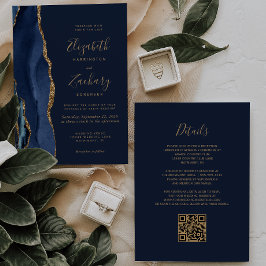 Elegante Navy Blue Gold Agaat QR Code Wedding Kaart