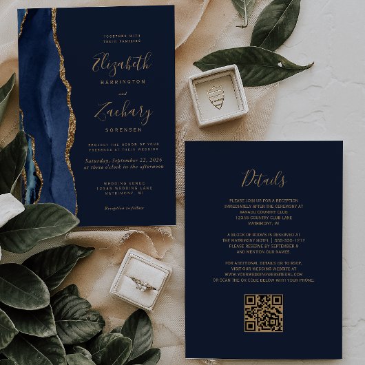 Elegante Navy Blue Gold Agaat QR Code Wedding Kaart