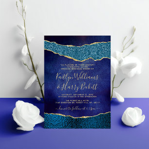 Elegante Navy Blue & Gold Agaat trouwrepetitie Kaart