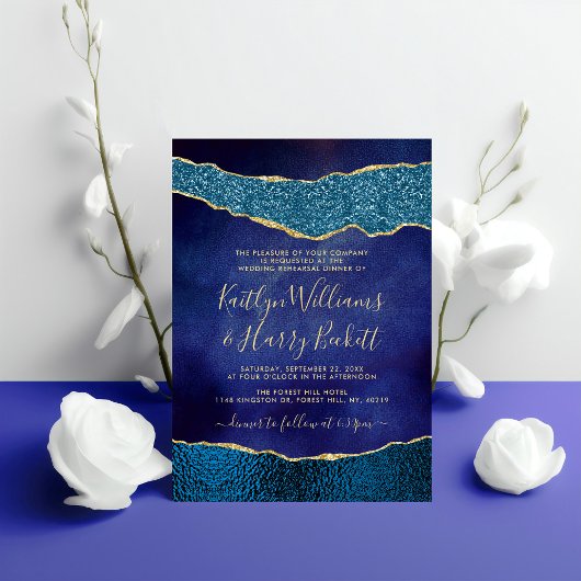 Elegante Navy Blue & Gold Agaat trouwrepetitie Kaart