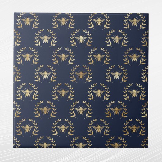 Elegante Navy Blue Gold Bijen Laurel krans Tegeltje