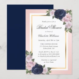 Elegante Navy Blue Gold Blush Floral Vrijgezellenf Kaart