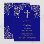 Elegante Navy Blue Gold Cross Baptism uitnodiging (Voorkant / Achterkant)