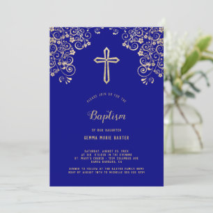Elegante Navy Blue Gold Cross Baptism uitnodiging